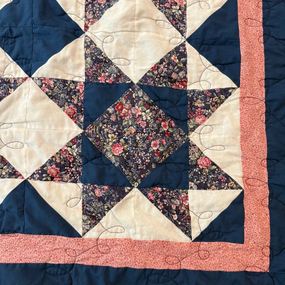 Vintage Handmade Star Patchwork Quilt Navy Pink Floral 100x101 King Queen 1999